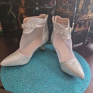 Sparkling Silver Mesh Heels with Floral Accents